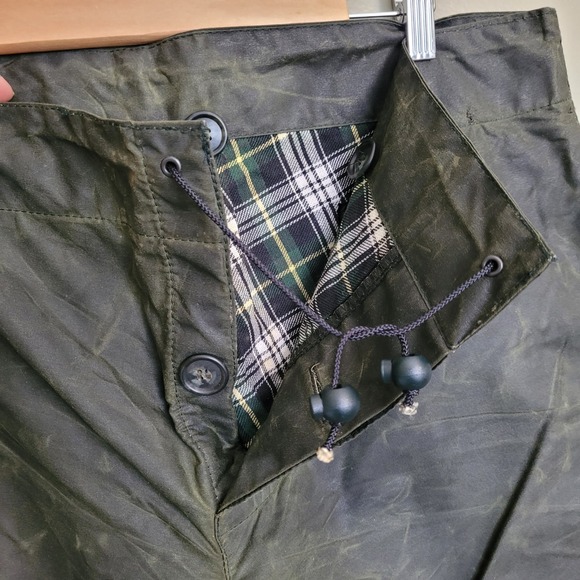 Vintage England Barbour Waxed Cotton Overtrousers  A124 Lined Medium Olive Green - Picture 6 of 16